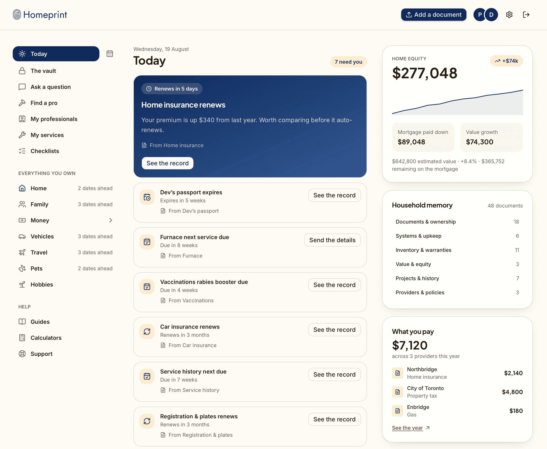 The Homeprint dashboard showing the Today feed, home equity, and household records.